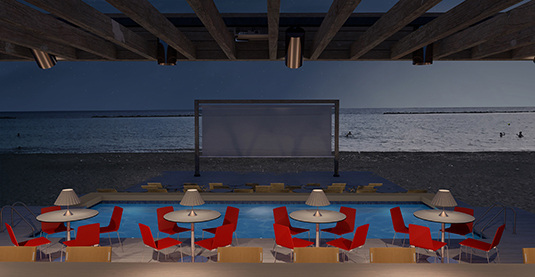 Paphos beach cinema.
Geroskipou Beach, Paphos Municipality, Cyprus.
Ilya Lenda Architect.